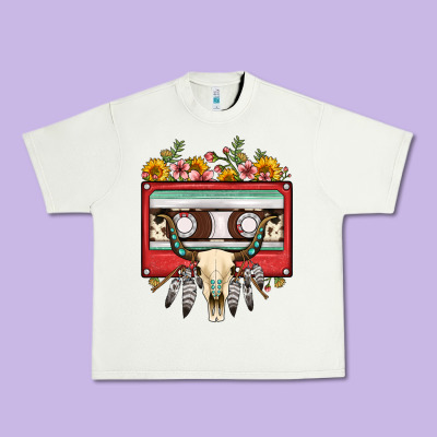 Bull Skull Sunflower Floral Cassette Urban Heavy Tee Designed By Fadigitalartstudio