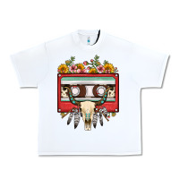 White bull skull sunflower floral cassette Urban Heavy Tee - FaDigitalArtStudio