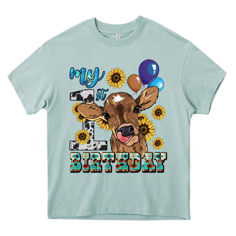 My First Birthday Baby Cow Sunflower Heavy Core Tee by HowdyJamesFarm | Teevron