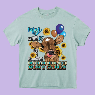 My First Birthday Baby Cow Sunflower Heavy Core Tee Designed By Howdyjamesfarm
