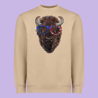 Bison With American Flag Glasses Heavyweight Sweatshirt Designed By Ranaportraitstore