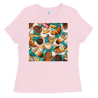 Bubblegum Pink bakery coffee cups cookie and donut with turquoise glitter seamless pa Ladies Tee - BundleAndBundleShop