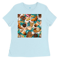 Baby Blue bakery coffee cups cookie and donut with turquoise glitter seamless pa Ladies Tee - BundleAndBundleShop