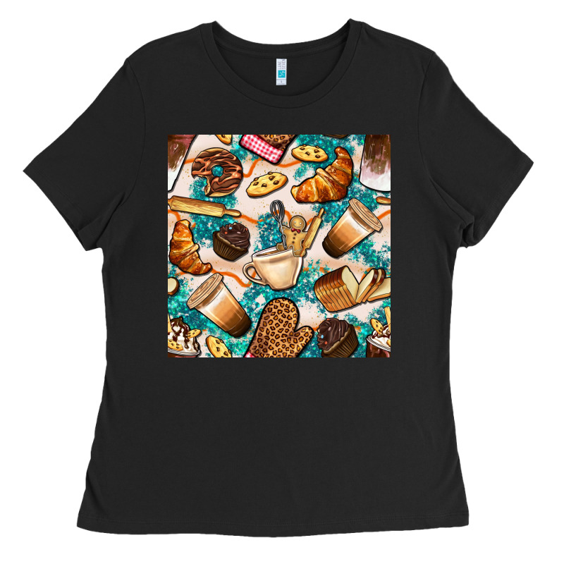 Bakery Coffee Cups Cookie And Donut With Turquoise Glitter Seamless Pa Ladies Tee by BundleAndBundleShop | Teevron