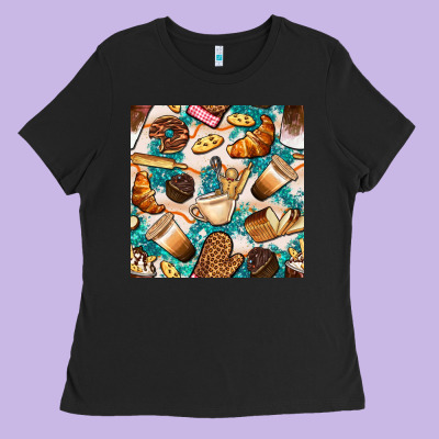 Bakery Coffee Cups Cookie And Donut With Turquoise Glitter Seamless Pa Ladies Tee Designed By Bundleandbundleshop