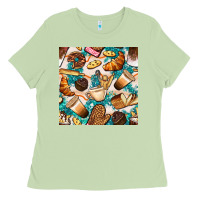 Matcha bakery coffee cups cookie and donut with turquoise glitter seamless pa Ladies Tee - BundleAndBundleShop