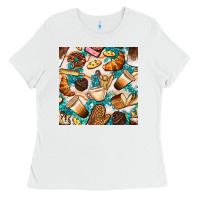 White bakery coffee cups cookie and donut with turquoise glitter seamless pa Ladies Tee - BundleAndBundleShop