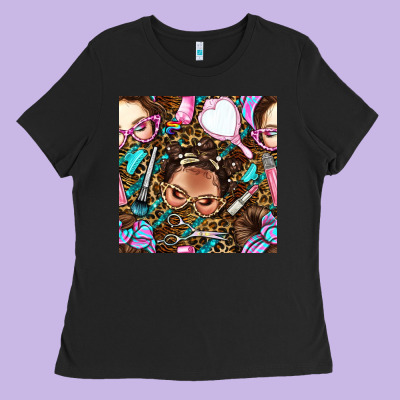 Hairdresser Messy Bun Hand Mirror And Scissors With Leopard And Tiger  Ladies Tee Designed By Bundleandbundleshop