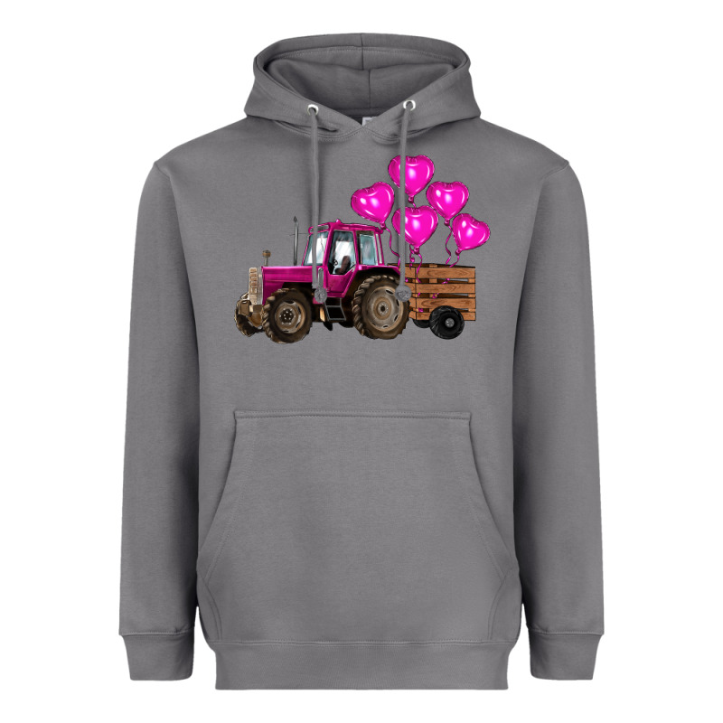 Valentines Day Pink Tractor With Pink Heart Balloo Heavyweight Hoodie by RanaPortraitStore | Teevron