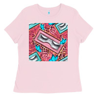 Bubblegum Pink cosmetic fake eyelashes and butterfly with leopard seamless pattern bb Ladies Tee - BundleAndBundleShop