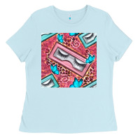 Baby Blue cosmetic fake eyelashes and butterfly with leopard seamless pattern bb Ladies Tee - BundleAndBundleShop