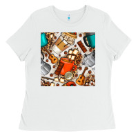 White camping coffee cups marshmallow and moka pot with leopard seamless pat Ladies Tee - BundleAndBundleShop