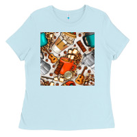 Baby Blue camping coffee cups marshmallow and moka pot with leopard seamless pat Ladies Tee - BundleAndBundleShop