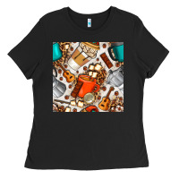 Black camping coffee cups marshmallow and moka pot with leopard seamless pat Ladies Tee - BundleAndBundleShop