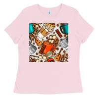 Bubblegum Pink camping coffee cups marshmallow and moka pot with leopard seamless pat Ladies Tee - BundleAndBundleShop