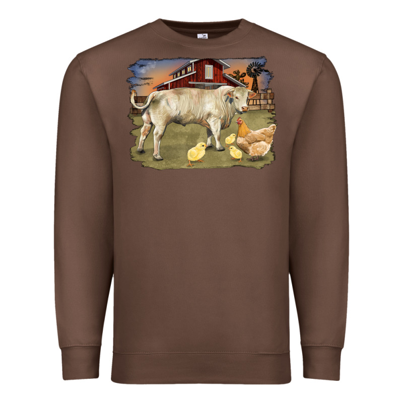 Charolaris Bull And Chicken In Barnyard Premium Sweatshirt by RanaPortraitStore | Teevron
