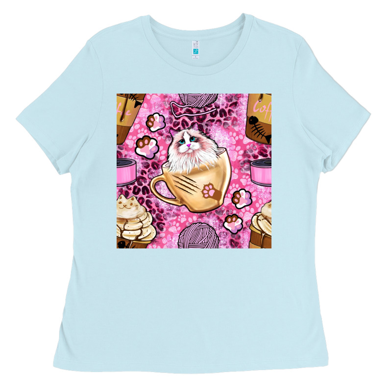 Cat Coffee Cups And Paw With Leopard And Glitter Seamless Pattern Bbs Ladies Tee by BundleAndBundleShop | Teevron