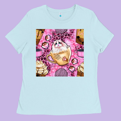 Cat Coffee Cups And Paw With Leopard And Glitter Seamless Pattern Bbs Ladies Tee Designed By Bundleandbundleshop