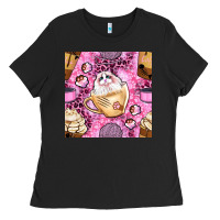 Black cat coffee cups and paw with leopard and glitter seamless pattern bbs Ladies Tee - BundleAndBundleShop