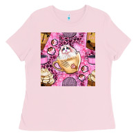 Bubblegum Pink cat coffee cups and paw with leopard and glitter seamless pattern bbs Ladies Tee - BundleAndBundleShop