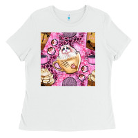 White cat coffee cups and paw with leopard and glitter seamless pattern bbs Ladies Tee - BundleAndBundleShop