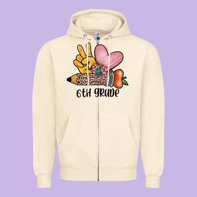 Peace Love 6th Grade Zipper Hoodie Designed By Jahusdesignshop