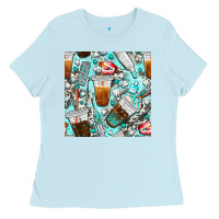 Baby Blue dentist coffee cups toothpaste and teeth with cowhide seamless pattern Ladies Tee - BundleAndBundleShop