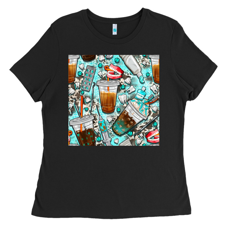 Dentist Coffee Cups Toothpaste And Teeth With Cowhide Seamless Pattern Ladies Tee by BundleAndBundleShop | Teevron