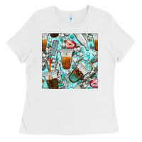 White dentist coffee cups toothpaste and teeth with cowhide seamless pattern Ladies Tee - BundleAndBundleShop
