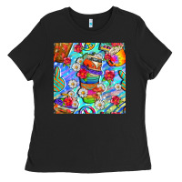 Black hippie coffee cups and flowers and peace seamless pattern bbs Ladies Tee - BundleAndBundleShop