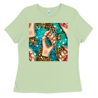 Matcha nail art with leopard and turquoise  gemstone seamless pattern bbs Ladies Tee - BundleAndBundleShop