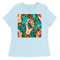 Baby Blue nail art with leopard and turquoise  gemstone seamless pattern bbs Ladies Tee - BundleAndBundleShop