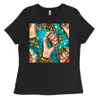 Black nail art with leopard and turquoise  gemstone seamless pattern bbs Ladies Tee - BundleAndBundleShop