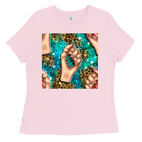 Bubblegum Pink nail art with leopard and turquoise  gemstone seamless pattern bbs Ladies Tee - BundleAndBundleShop