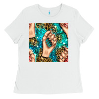 White nail art with leopard and turquoise  gemstone seamless pattern bbs Ladies Tee - BundleAndBundleShop