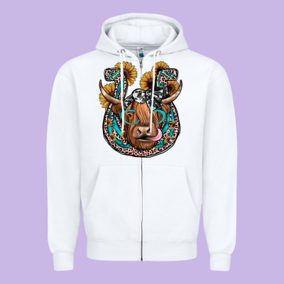 Highland Cow Horseshoe Zipper Hoodie Designed By Jahusdesignshop