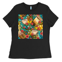 Black honey and bee coffee cup with flowers and leopard seamless pattern bbs Ladies Tee - BundleAndBundleShop