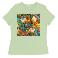 Matcha honey and bee coffee cup with flowers and leopard seamless pattern bbs Ladies Tee - BundleAndBundleShop