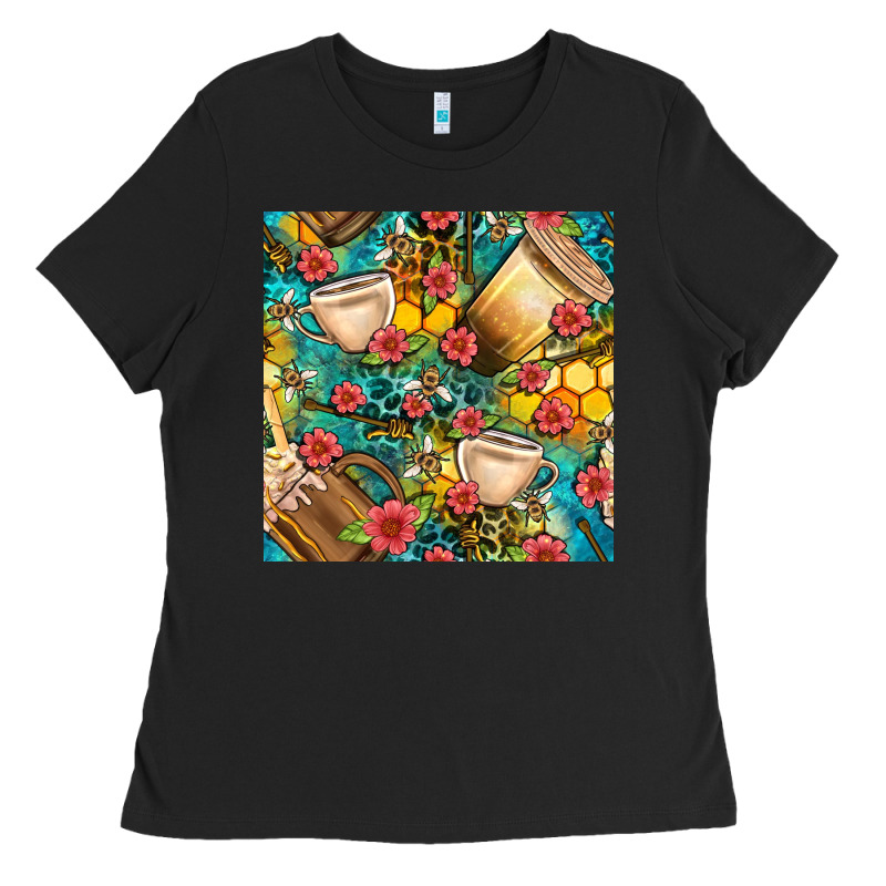 Honey And Bee Coffee Cup With Flowers And Leopard Seamless Pattern Bbs Ladies Tee by BundleAndBundleShop | Teevron