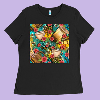 Honey And Bee Coffee Cup With Flowers And Leopard Seamless Pattern Bbs Ladies Tee Designed By Bundleandbundleshop