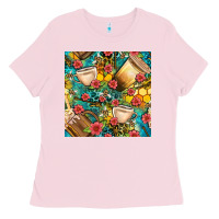 Bubblegum Pink honey and bee coffee cup with flowers and leopard seamless pattern bbs Ladies Tee - BundleAndBundleShop
