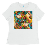 White honey and bee coffee cup with flowers and leopard seamless pattern bbs Ladies Tee - BundleAndBundleShop