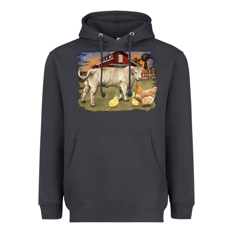 Charolaris Bull And Chicken In Barnyard Heavyweight Hoodie by RanaPortraitStore | Teevron