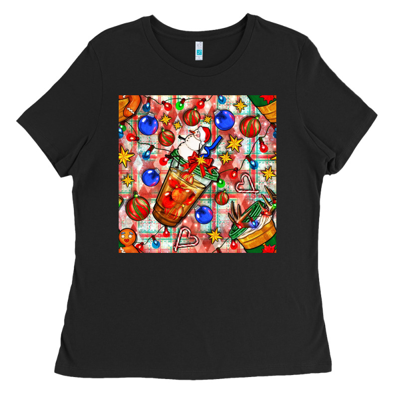 Christmas Coffee Cups Ornaments And Lights With Diamond Plaid Seamless Ladies Tee by BundleAndBundleShop | Teevron