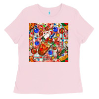 Bubblegum Pink christmas coffee cups ornaments and lights with diamond plaid seamless Ladies Tee - BundleAndBundleShop