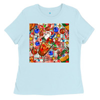 Baby Blue christmas coffee cups ornaments and lights with diamond plaid seamless Ladies Tee - BundleAndBundleShop