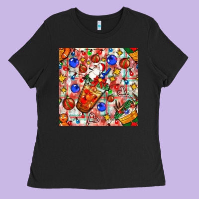 Christmas Coffee Cups Ornaments And Lights With Diamond Plaid Seamless Ladies Tee Designed By Bundleandbundleshop