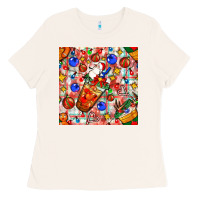 Bone christmas coffee cups ornaments and lights with diamond plaid seamless Ladies Tee - BundleAndBundleShop
