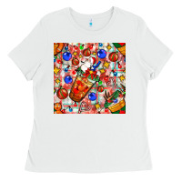 White christmas coffee cups ornaments and lights with diamond plaid seamless Ladies Tee - BundleAndBundleShop