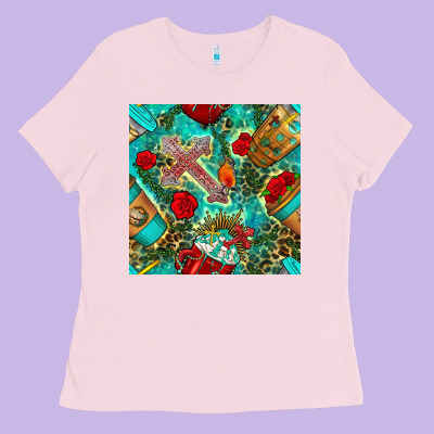 Faith Coffee Cup And Cross With Leopard And Roses Seamless Pattern Bbs Ladies Tee Designed By Bundleandbundleshop